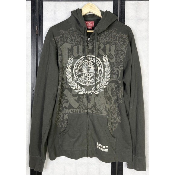 Vintage Lucky Brand Dungarees Men’s Hooded  Sweartshirt Jacket. Size: L - Picture 1 of 5